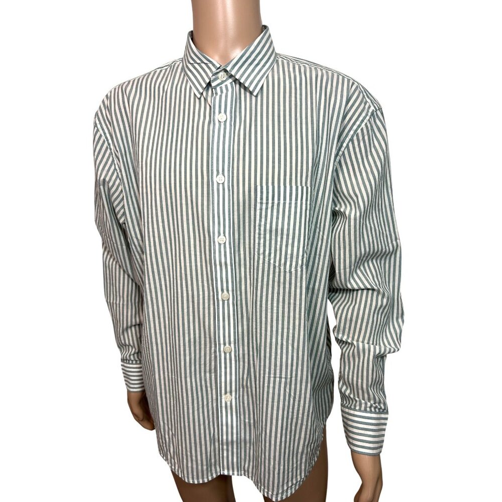 Banana Republic Men’s Shirt Button Up L Green Cream Mini Stripe Relaxed Fit 16”